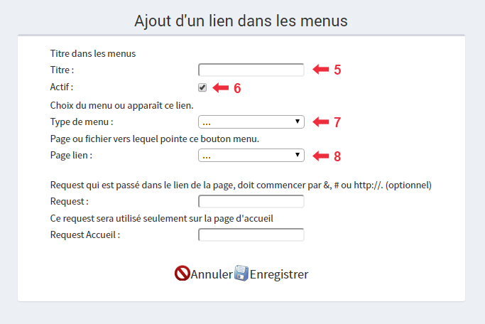 Formulaire à remplir pour ajouter un lien de menu