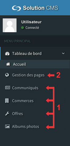 Menu principal de Solution CMS